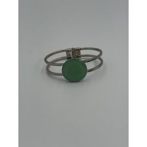 Vintage Silver Tone Cuff Bracelet Green Cabochon Hinged